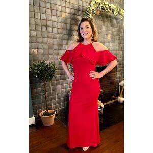 BADGLEY MISCHKA Red Off Shoulder Ruffle Details Halter Neck Gown Dress Size 0